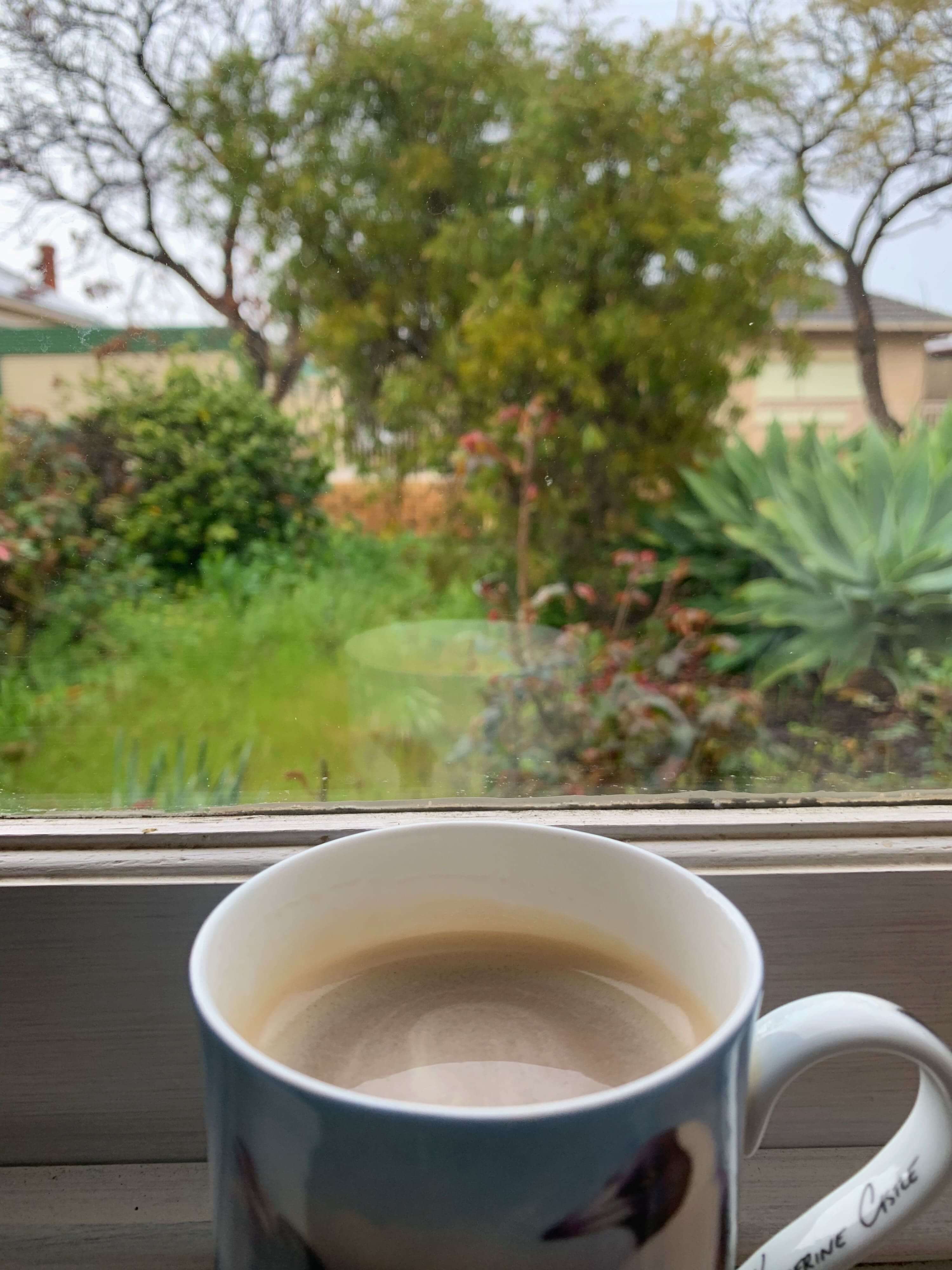 photo of a mug full of coffee in front of a glass window with a green garden view beyond